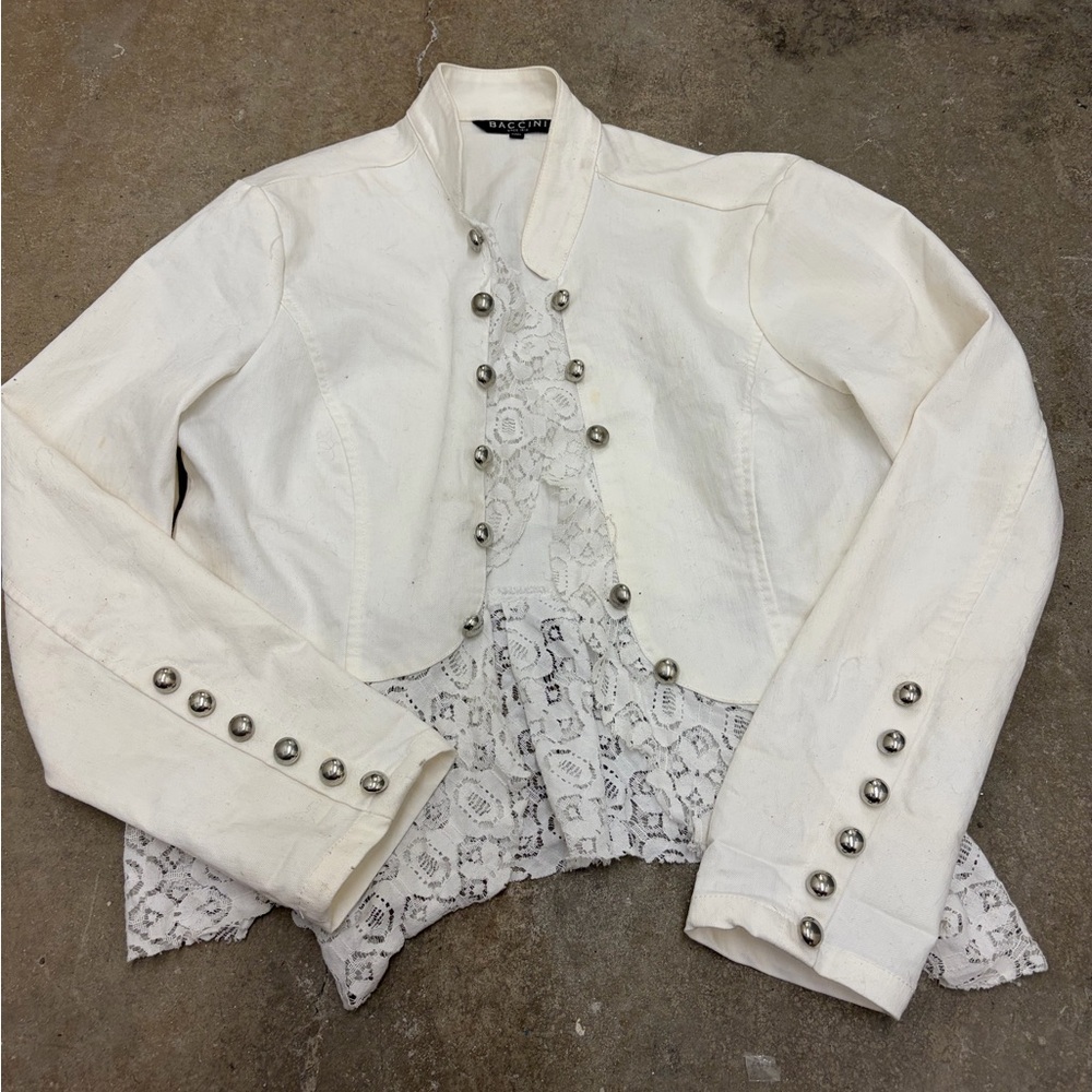 Baccini lace denim White Blazer with Lace and Button Accents